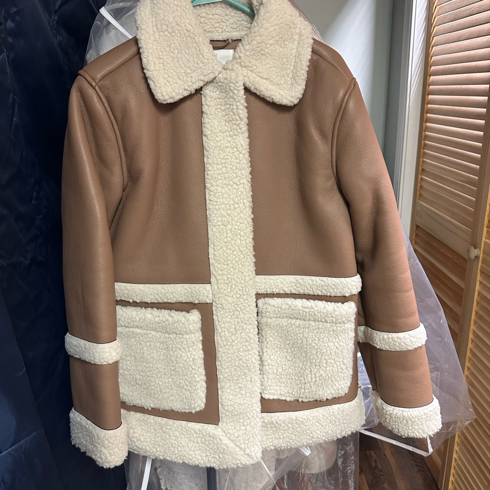 Avec Les Filles Women Tan and Cream Shearling Coat Faux Laethet